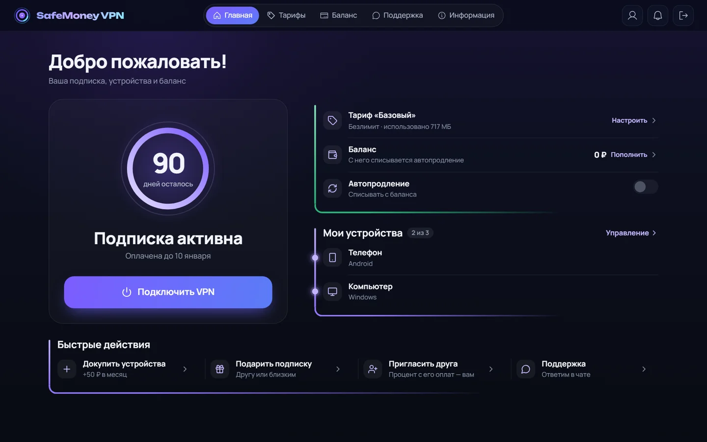 Личный кабинет SafeMoney VPN: подписка активна, тариф, устройства, быстрые действия